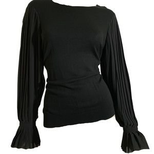 Ralph Lauren Black Sweater Top with Pleated Chiffon Full Sleeves M